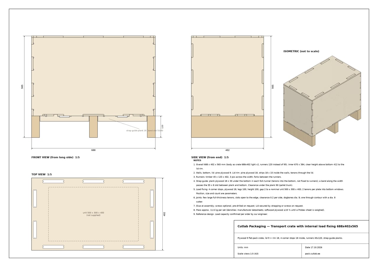 Technical drawing of a closed crate with internal stops, with dimensions