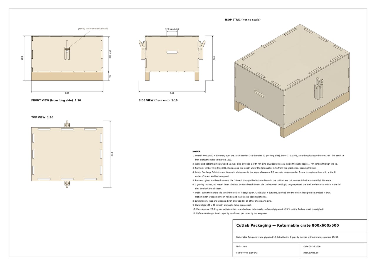 Technical drawing of a reusable 800 x 600 mm plywood crate with dimensions