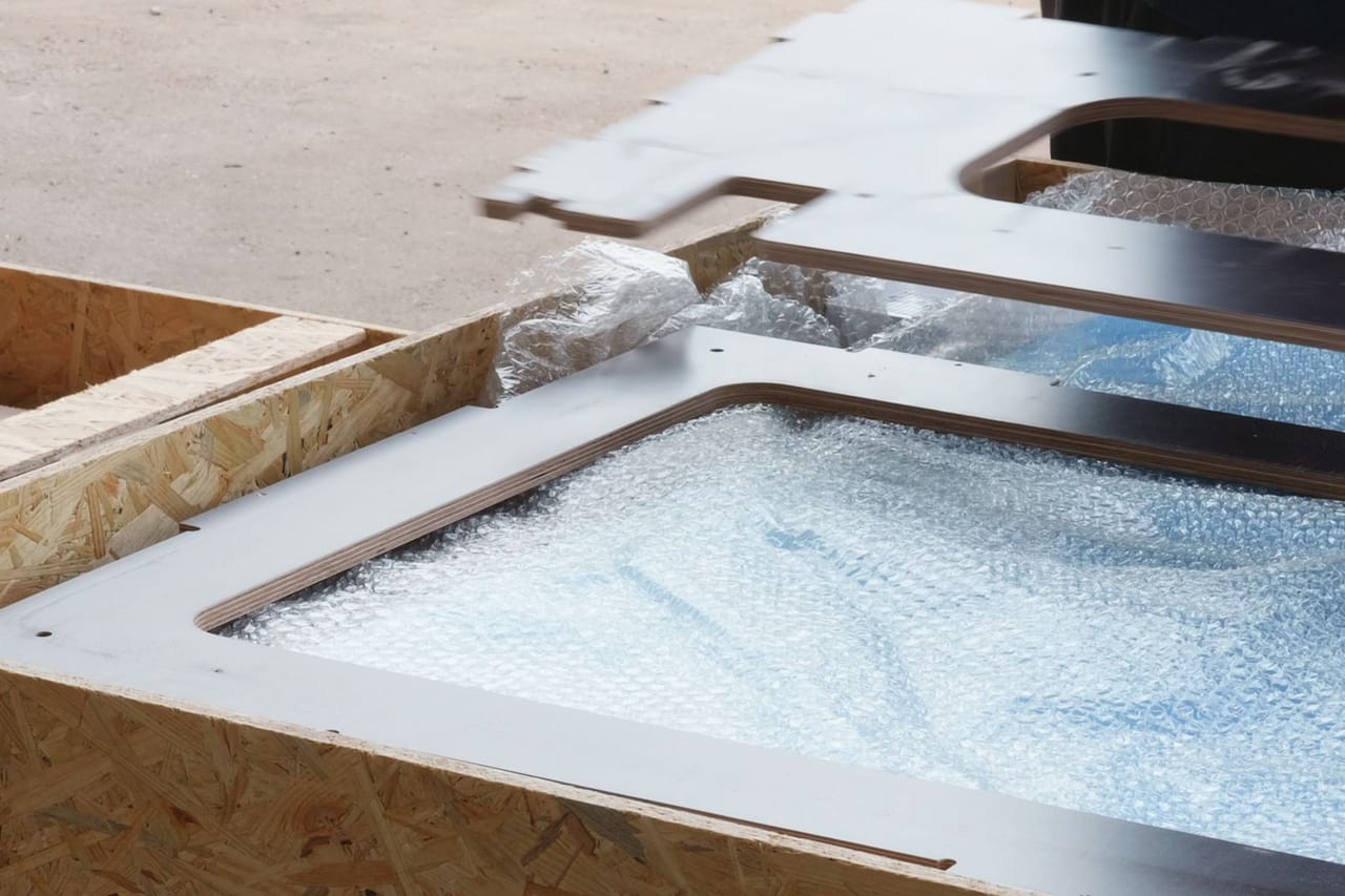 Film-faced plywood sheet with cut-outs resting on protective film inside a crate