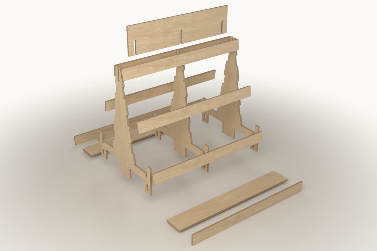 A-frame plywood stand: exploded view showing the part layout (render)