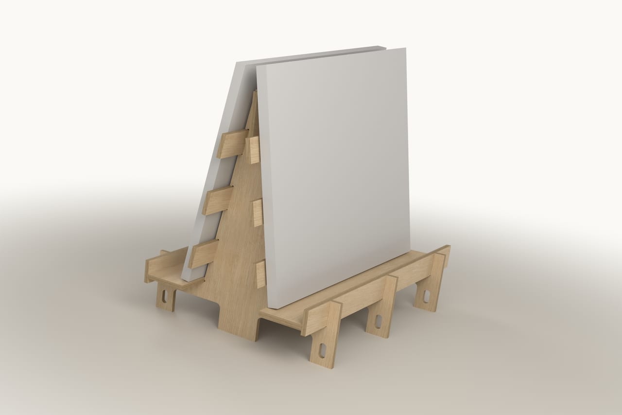 A-frame plywood stand: three-quarter view (render)