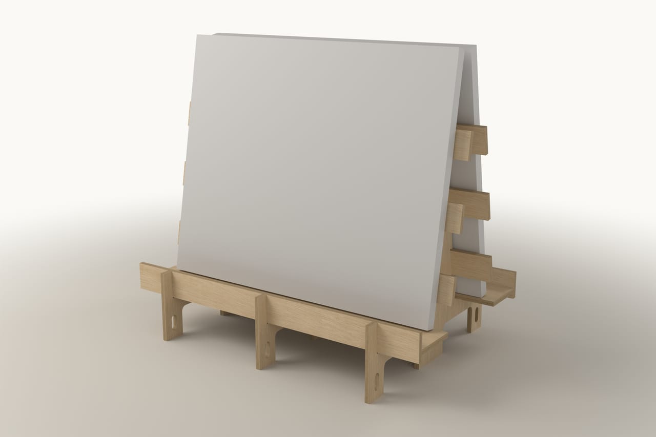 A-frame plywood stand: second three-quarter view, closer (render)