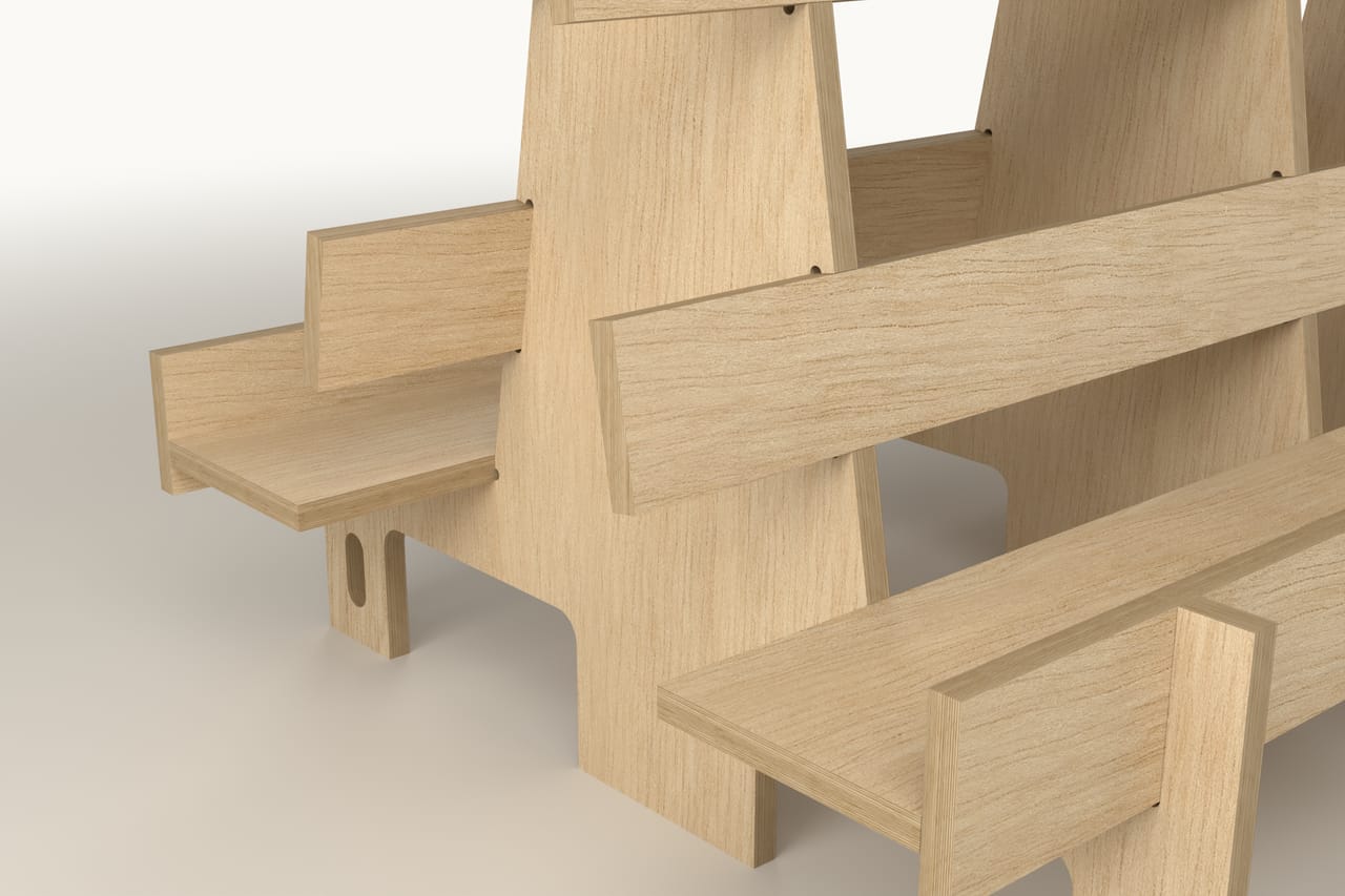 A-frame plywood stand: close-up of the CNC-cut joint (render)