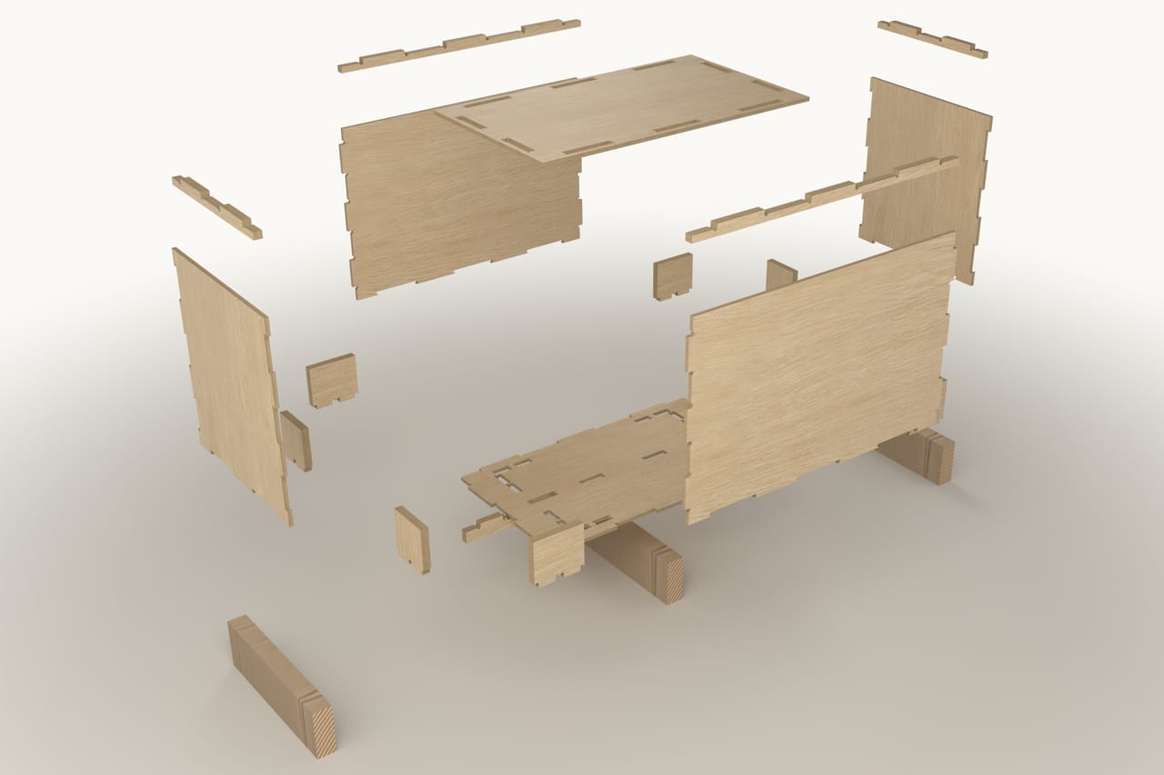 Closed crate with internal stops: exploded view showing the part layout (render)