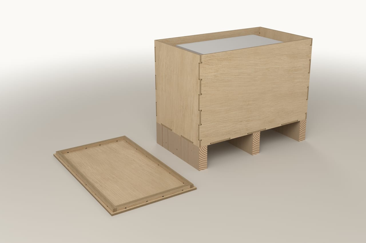 Closed crate with internal stops: three-quarter view (render)
