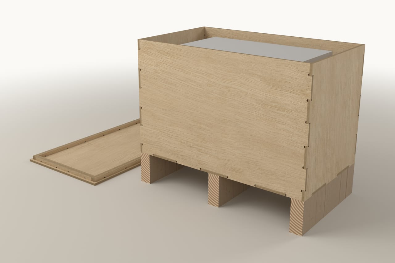 Closed crate with internal stops: second three-quarter view, closer (render)
