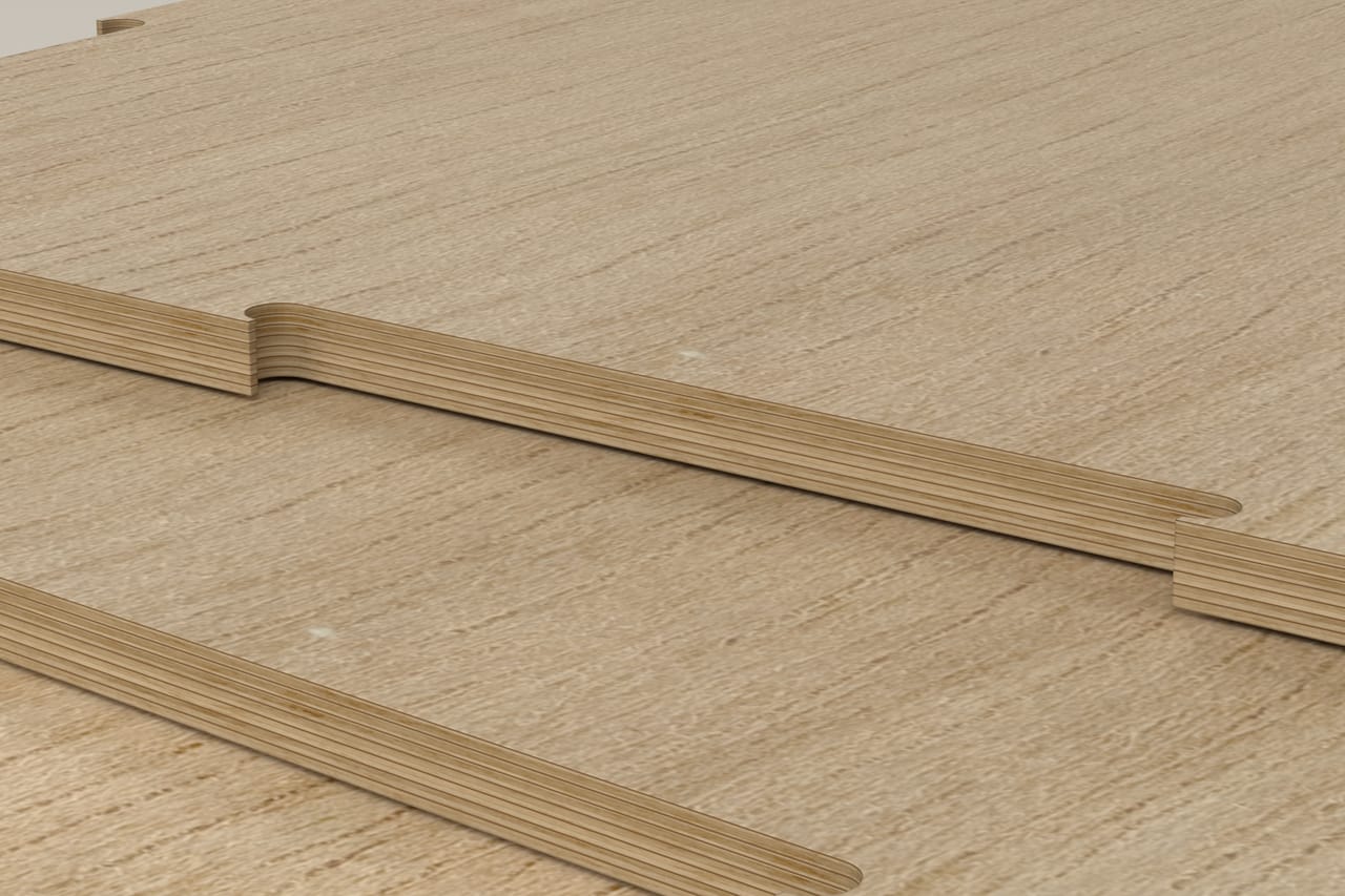 Close-up of a cut plywood edge showing the layers and a rounded slot (render)