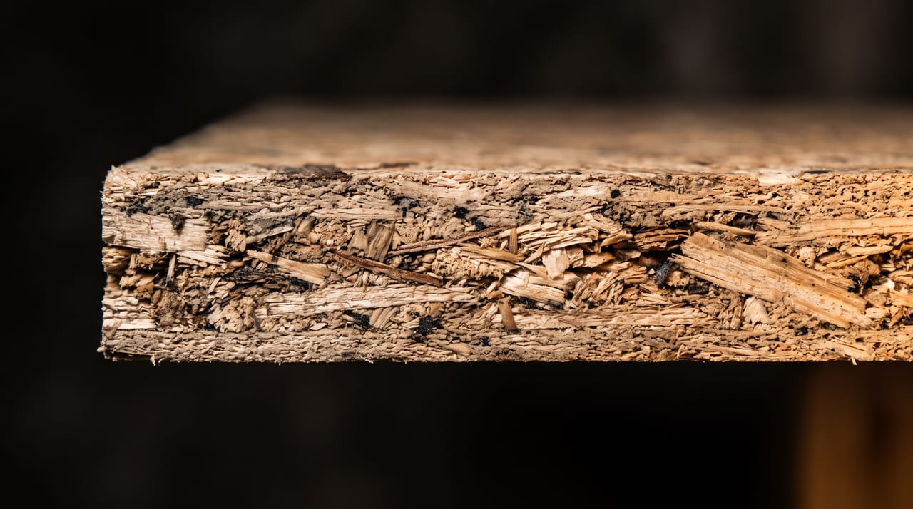 Illustration: macro of a cut OSB edge with clean CNC cut and warm side light