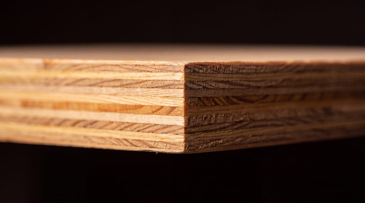 Illustration: macro of a cut pine plywood edge with clean CNC cut and warm side light