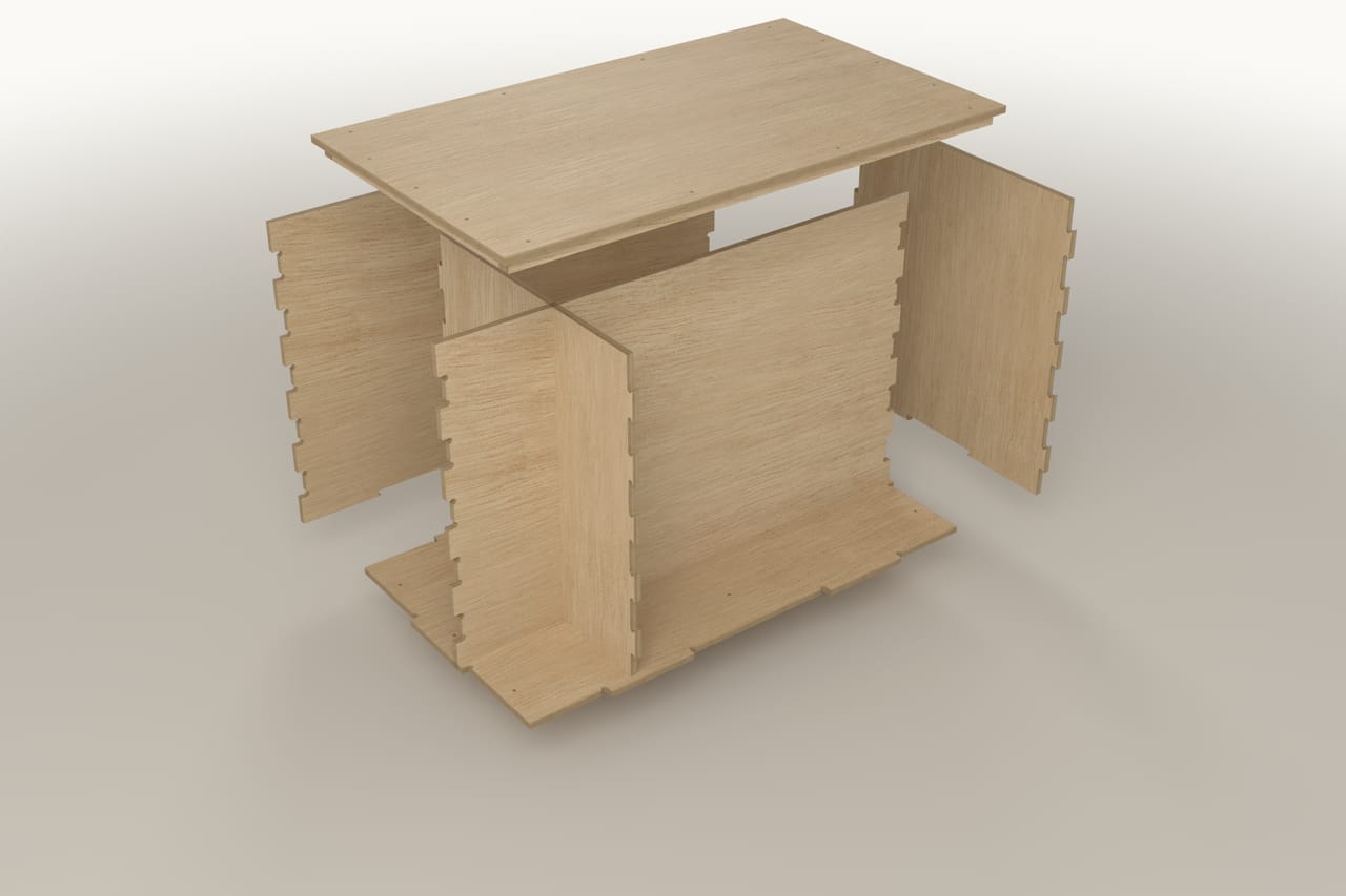 Exploded view of the reference crate: lid, four walls and bottom separated to show the finger-joint layout