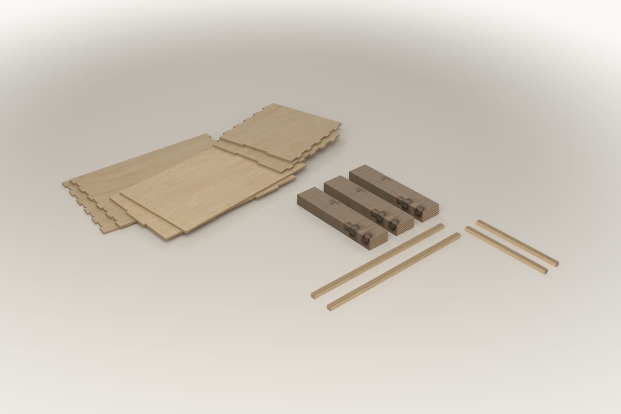 Flat-pack set of the reference crate: all plywood parts and three runners laid flat