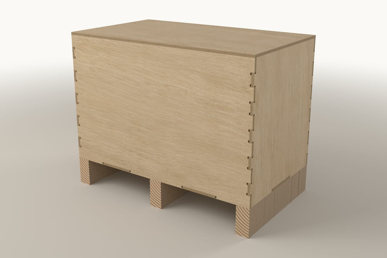 Reference flat-pack plywood crate, second three-quarter view, closer