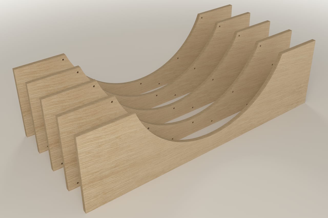 Radial plywood insert: exploded view showing the part layout (render)