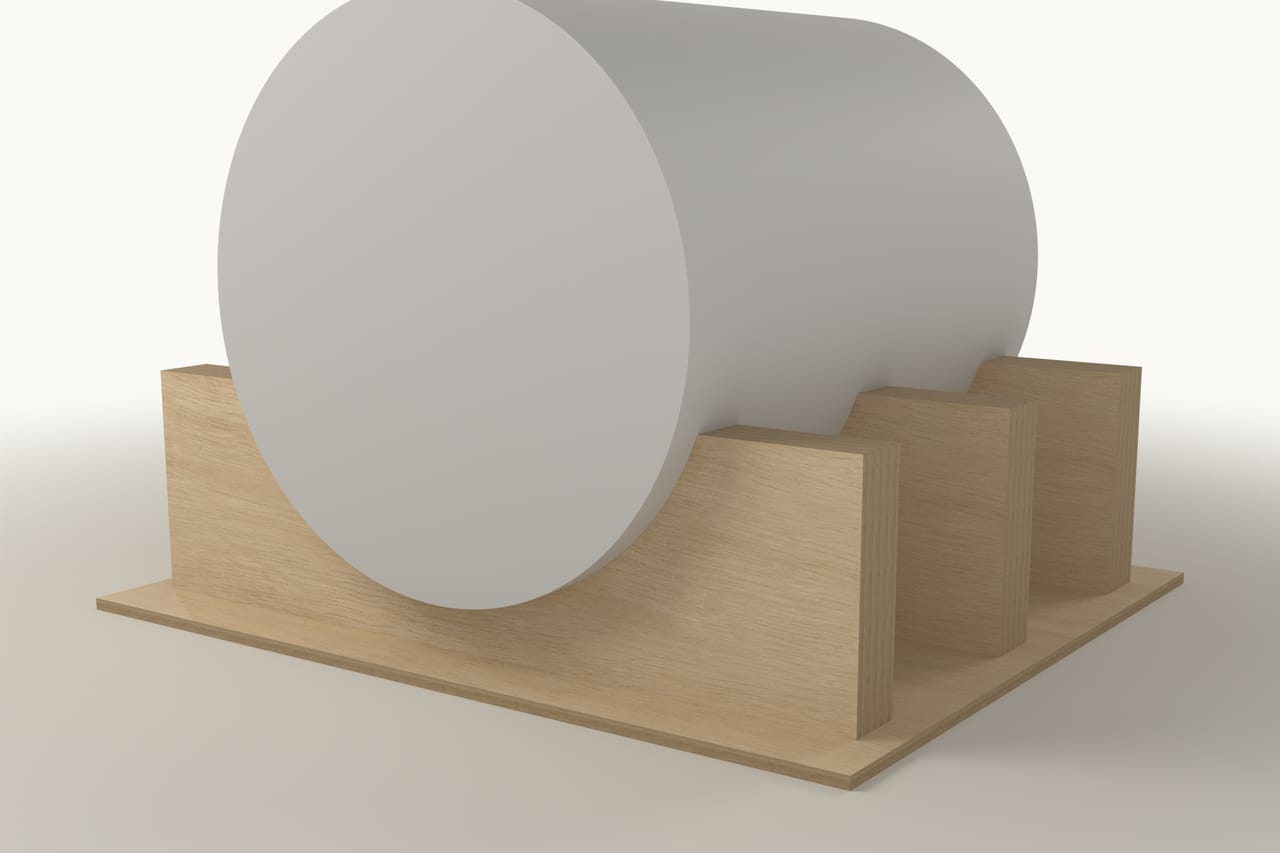 Radial plywood insert: second three-quarter view, closer (render)