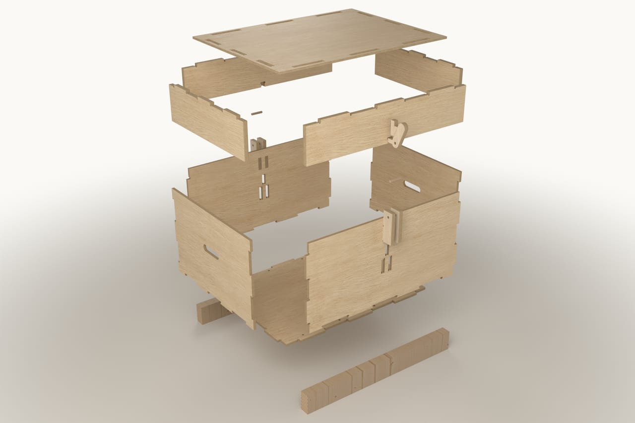 Reusable 800 x 600 mm plywood crate with a latch: exploded view showing the part layout (render)