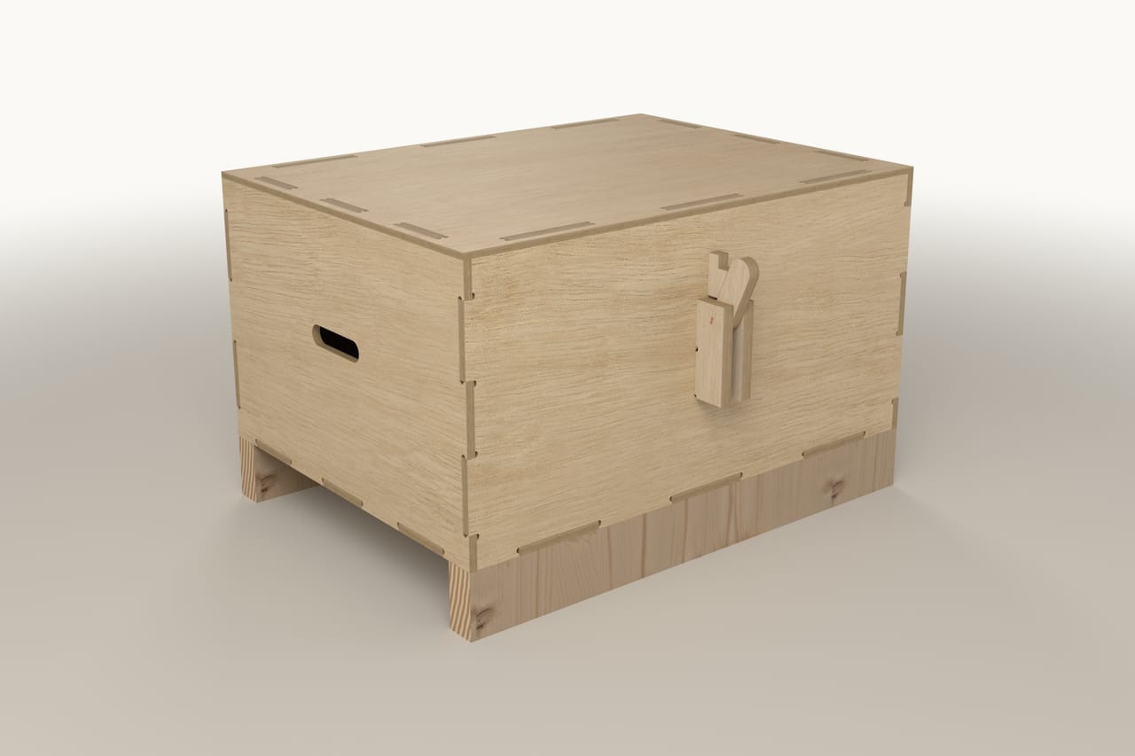 Reusable 800 x 600 mm plywood crate with a latch: three-quarter view (render)