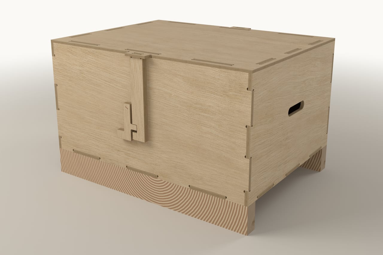Reusable 800 x 600 mm plywood crate with a latch: second three-quarter view, closer (render)