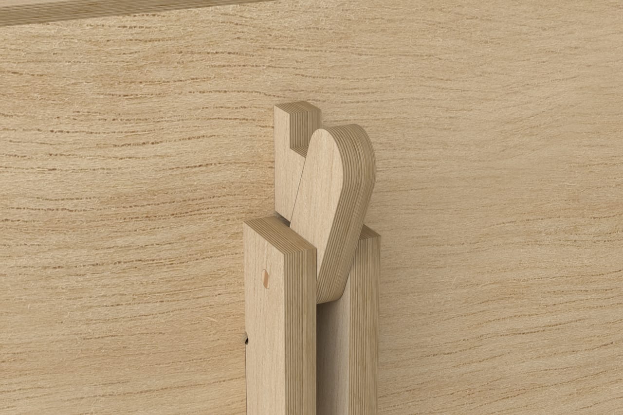 Reusable 800 x 600 mm plywood crate with a latch: close-up of the CNC-cut joint (render)