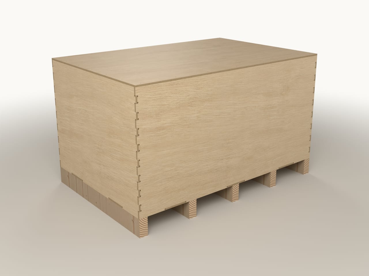 Flat-pack plywood crate CB-1180.780.600, three-quarter view (render)