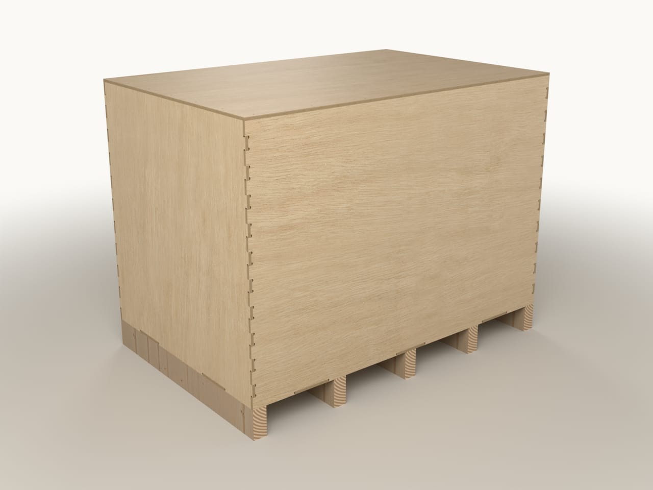 Flat-pack plywood crate CB-1180.780.800, three-quarter view (render)