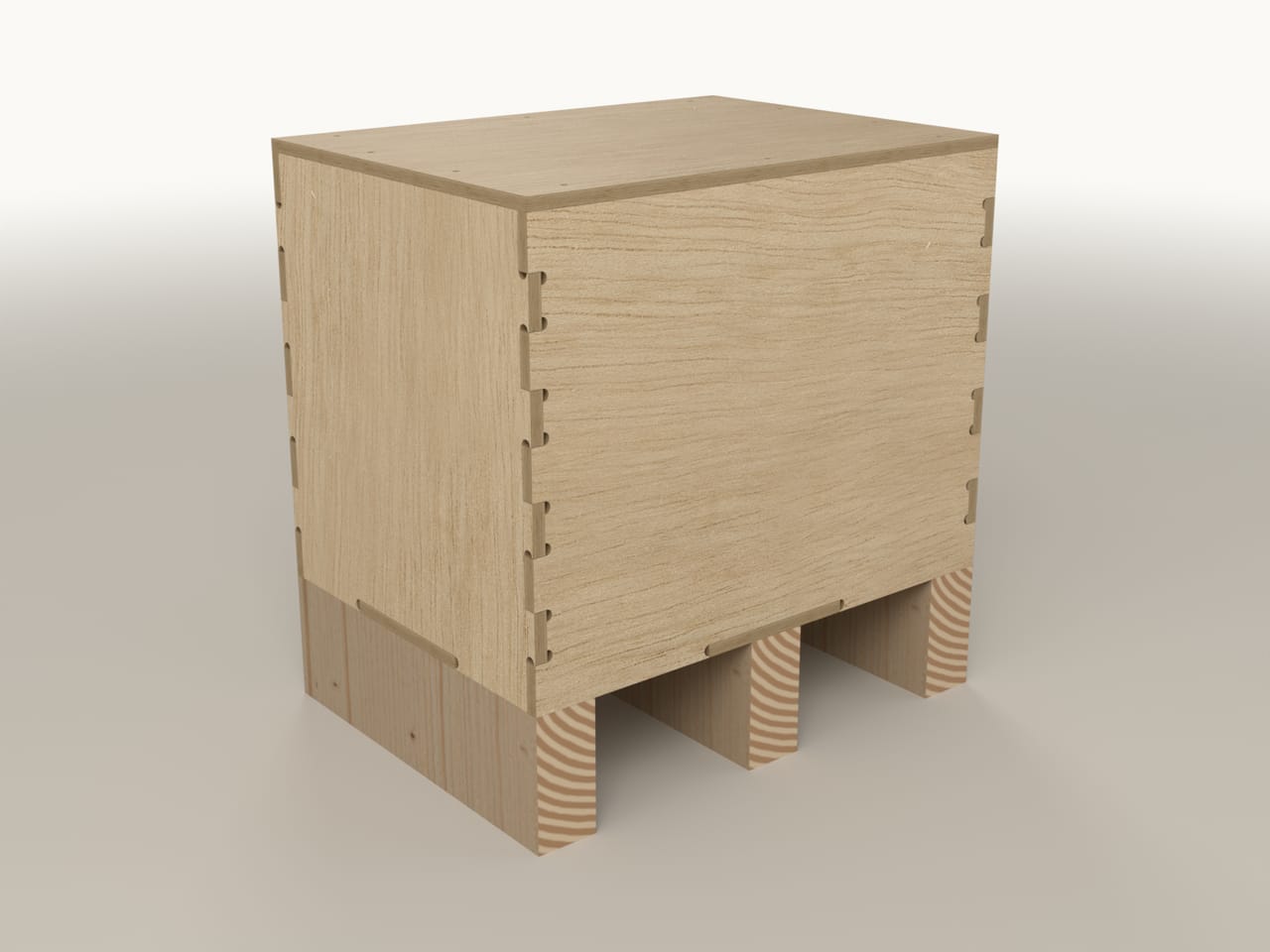 Flat-pack plywood crate CB-380.280.300, three-quarter view (render)