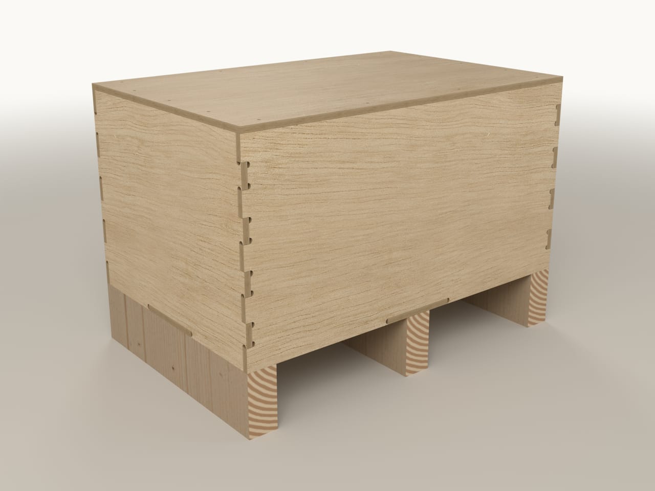 Flat-pack plywood crate CB-580.380.300, three-quarter view (render)