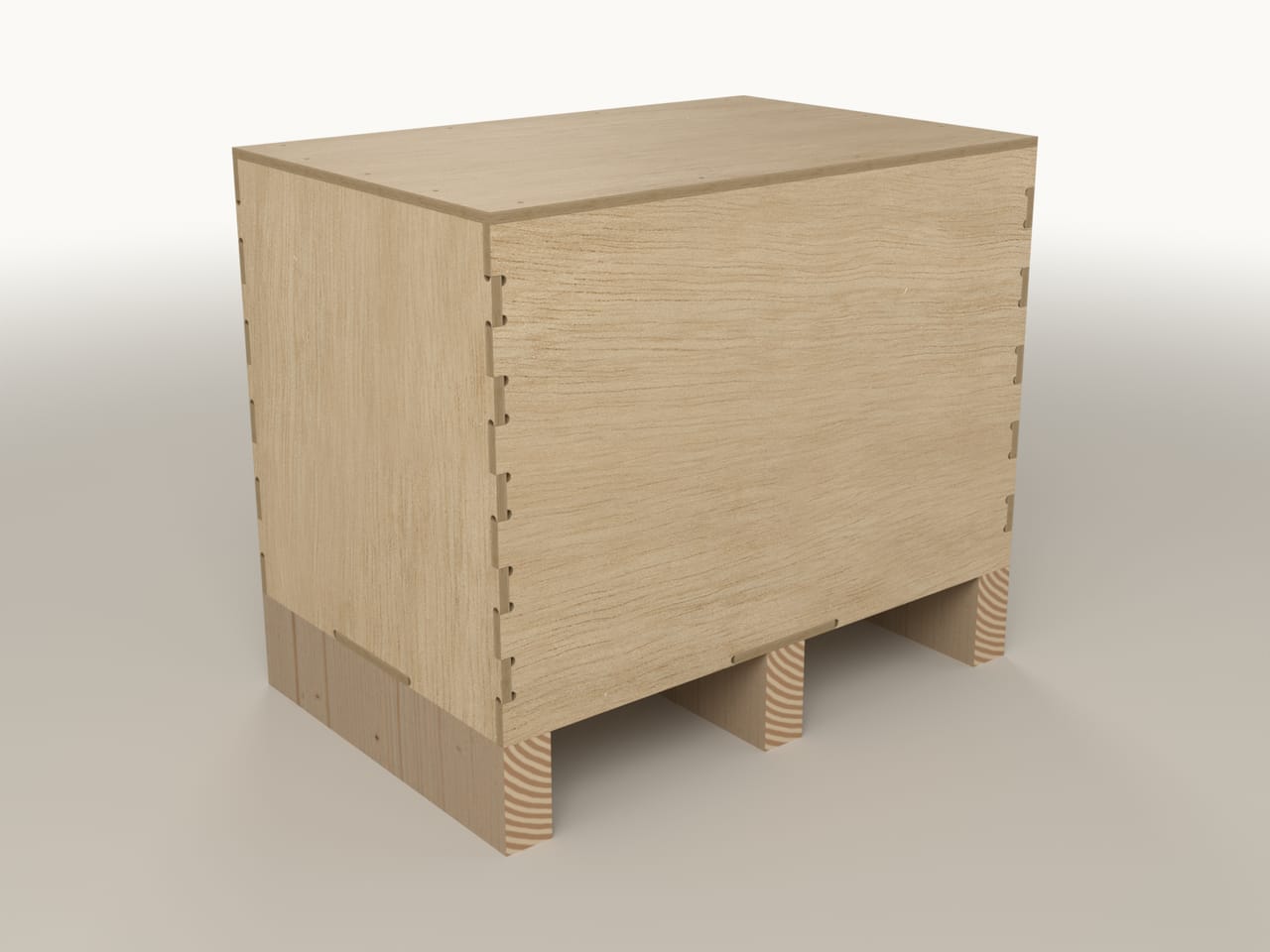 Flat-pack plywood crate CB-580.380.400, three-quarter view (render)