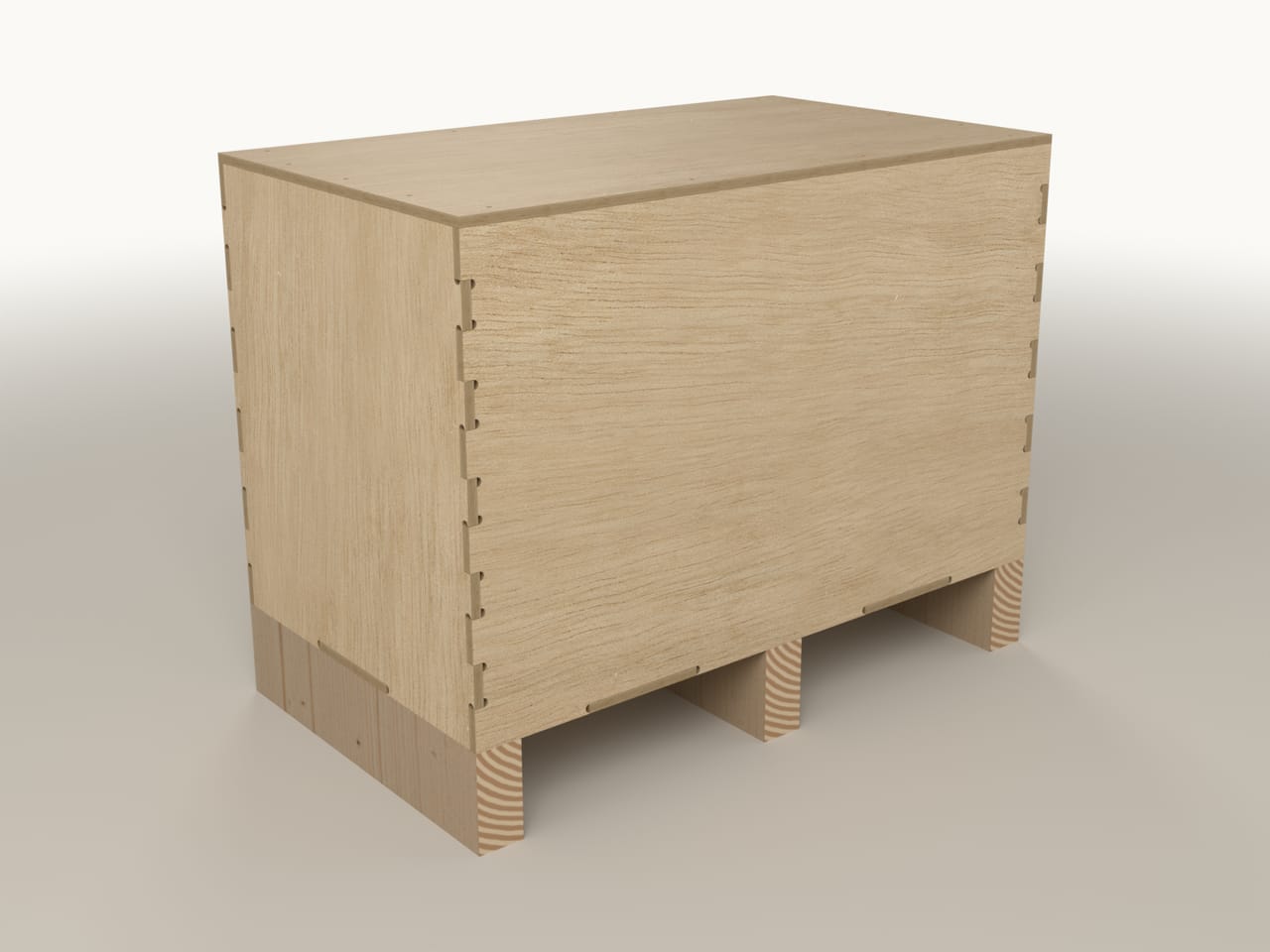 Flat-pack plywood crate CB-670.384.427, three-quarter view (render)