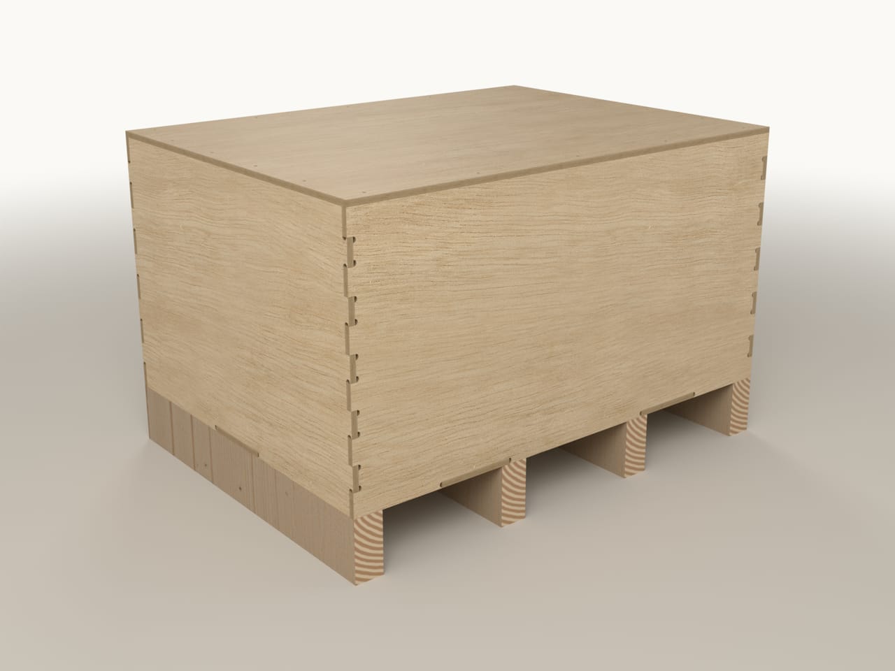 Flat-pack plywood crate CB-780.580.400, three-quarter view (render)