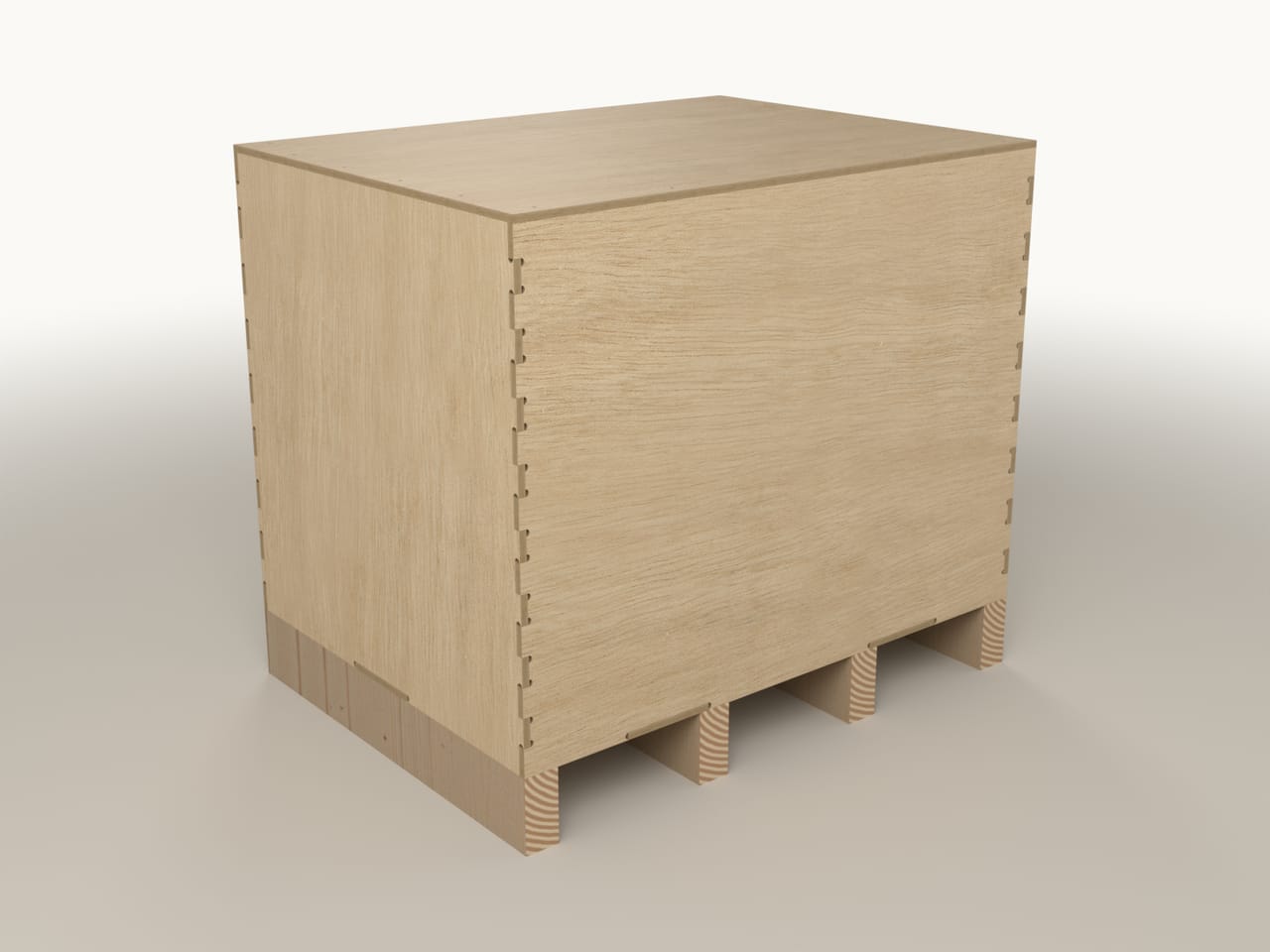 Flat-pack plywood crate CB-780.580.600, three-quarter view (render)