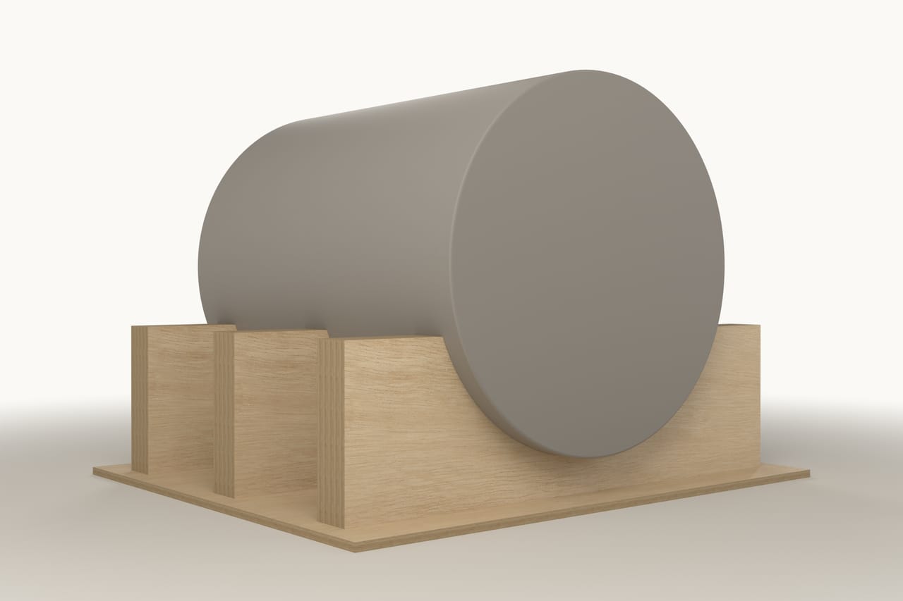 Plywood transport support under a cylindrical load: three-quarter view (render)