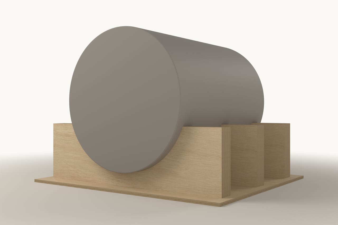 Plywood transport support under a cylindrical load: second three-quarter view (render)
