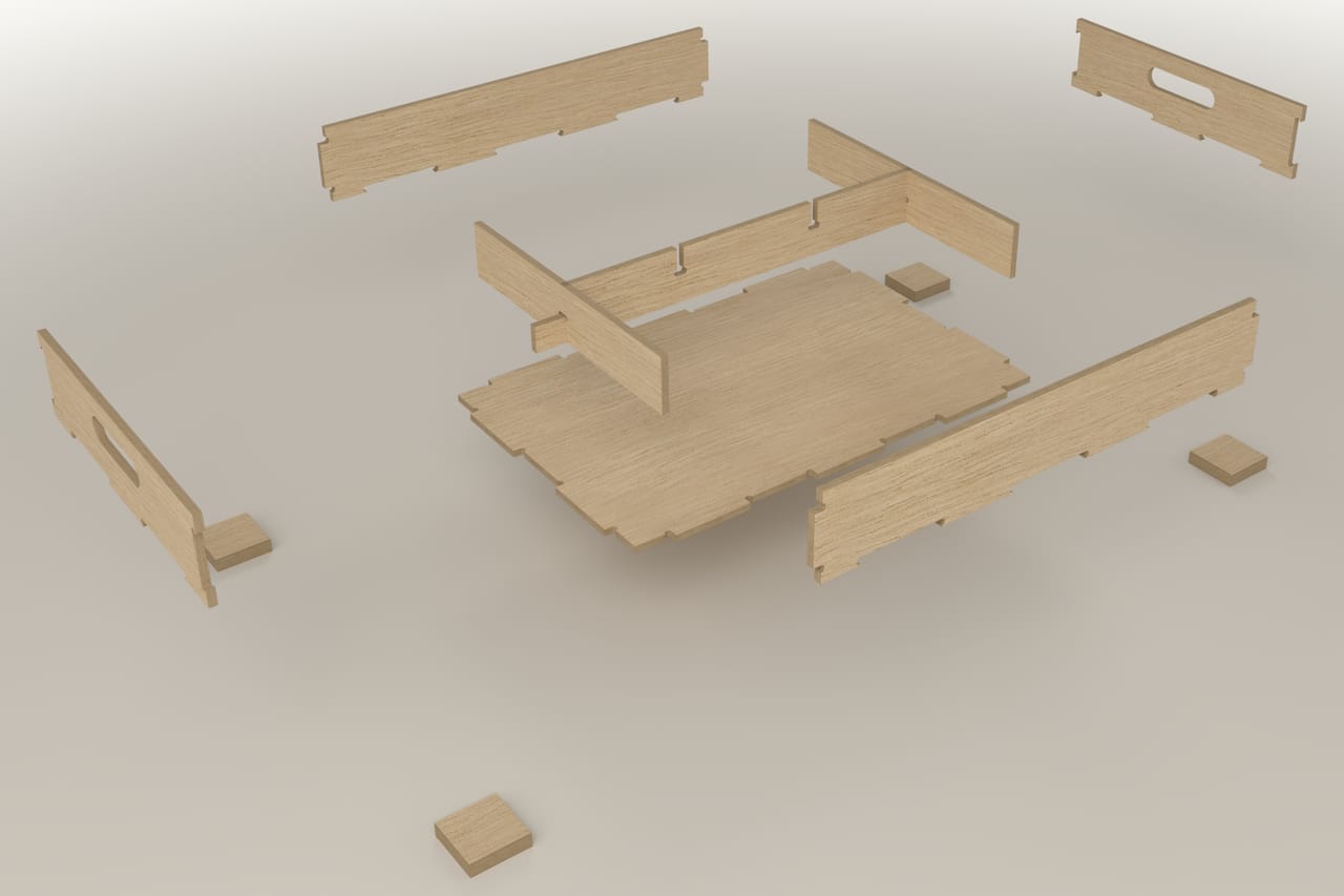 600 x 400 mm production tray: exploded view showing the part layout (render)