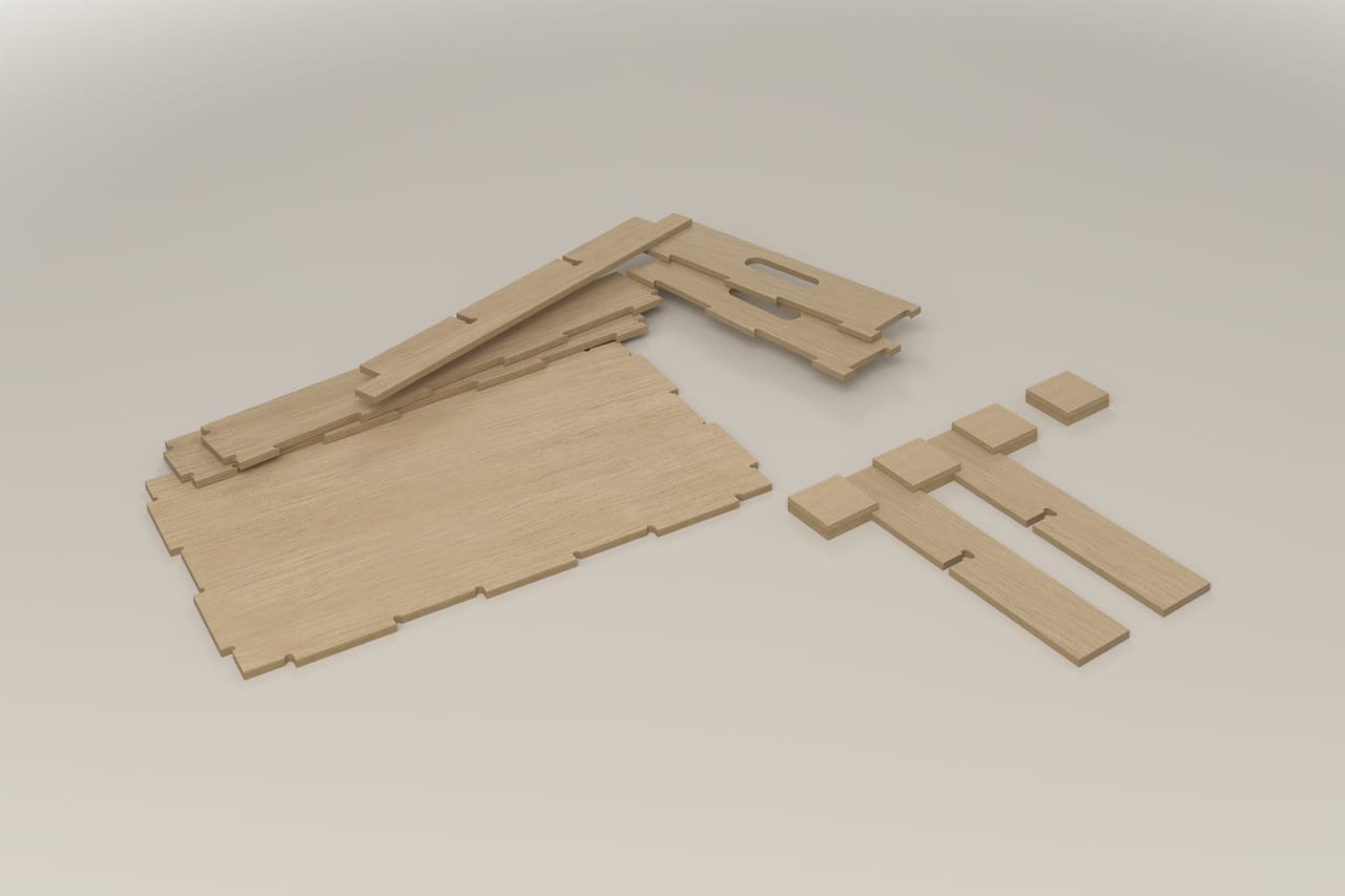 600 x 400 mm production tray: flat-pack set with all parts laid flat (render)