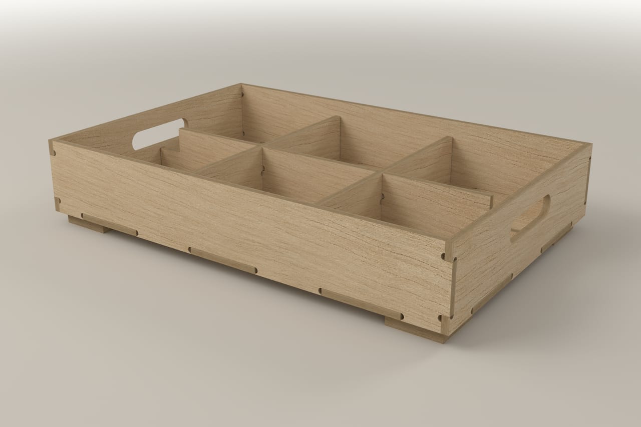600 x 400 mm production tray: second three-quarter view, closer (render)