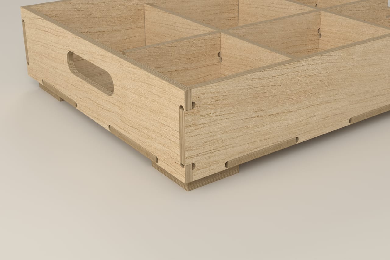 600 x 400 mm production tray: close-up of the CNC-cut joint (render)